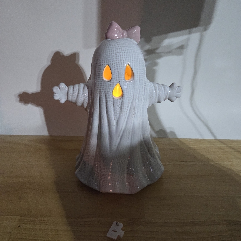 Halloween Cute Ghost Ceramic Light Up Decor with Pink Bow
